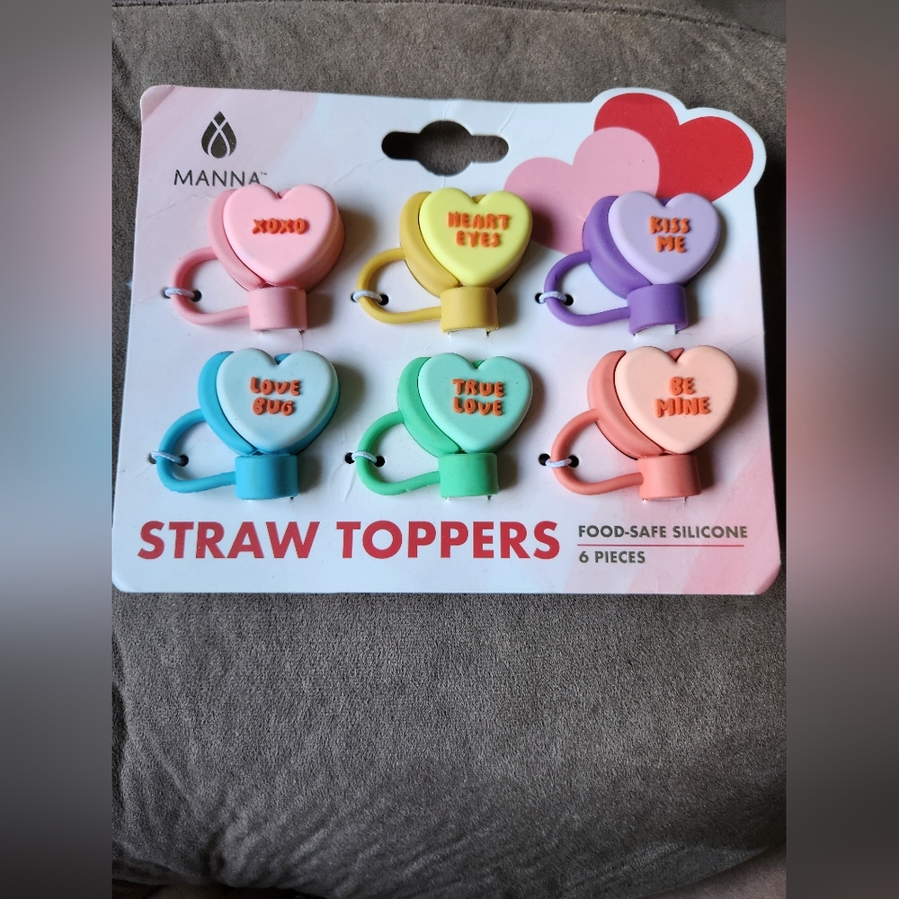 Manna Straw Toppers Set Of 6 Conversation Hearts NWT